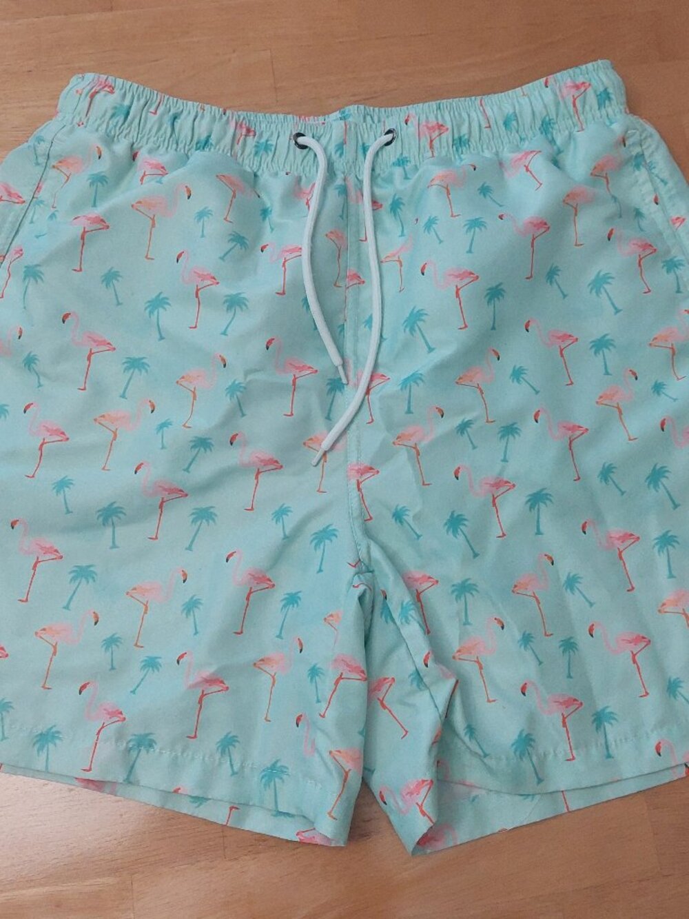SHEIN Men's Flamingo/ Palm Tree Swim Trunks Mint Blue/ Green Size Medium